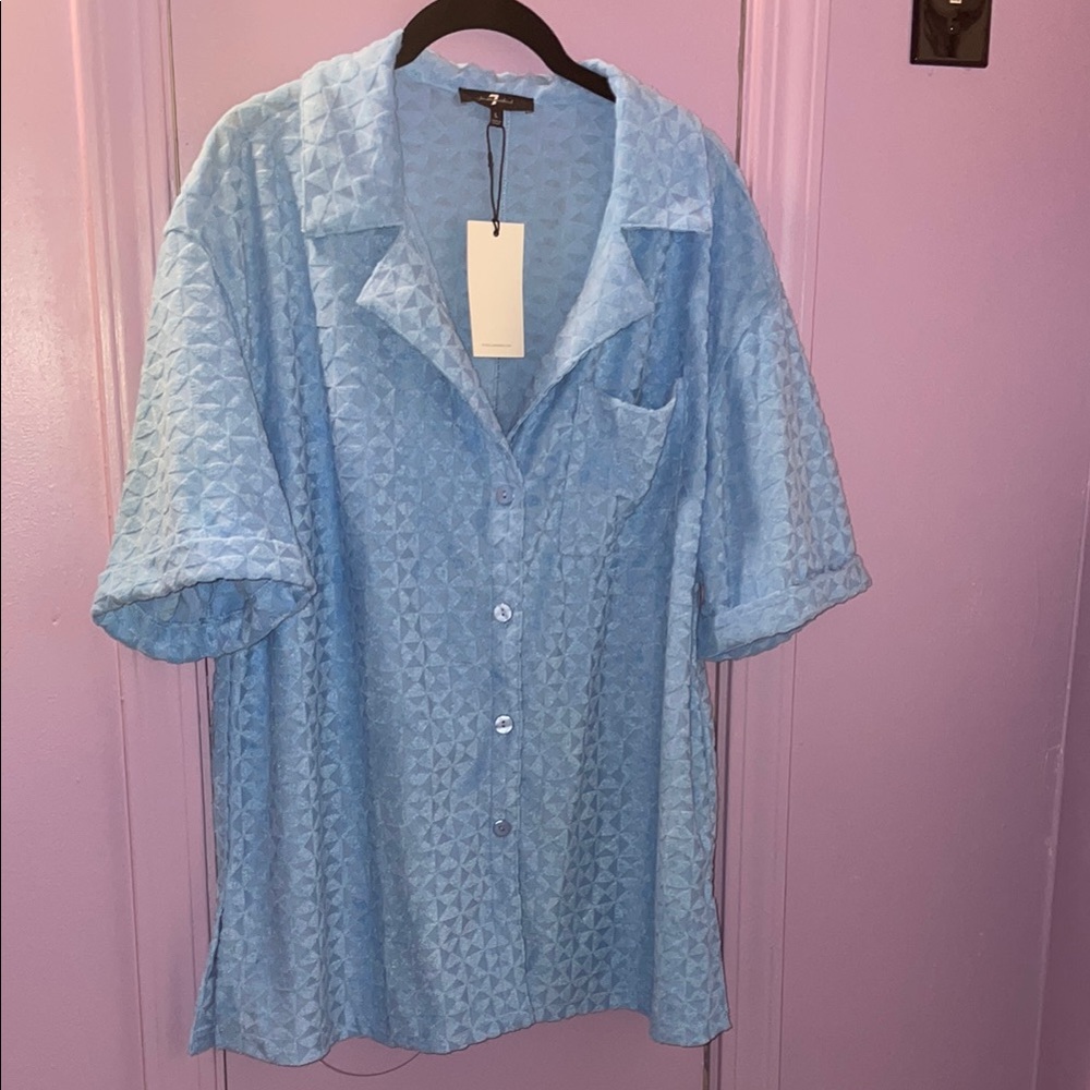 7 for all Mankind Sky Blue Terry Textured Boxy Button-Up Retro Bowling Shirt!